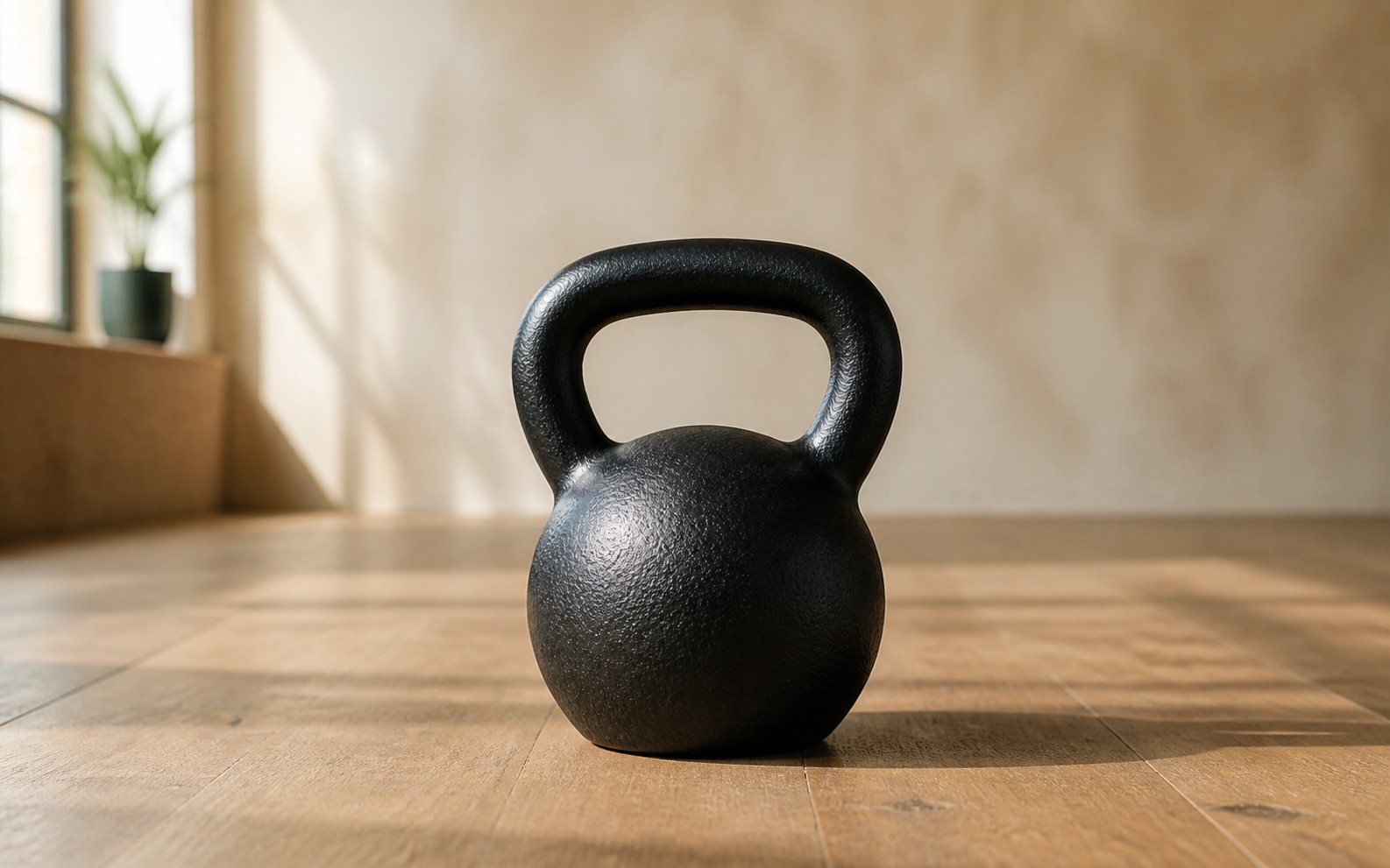 A complete black kettlebell centered on a wood floor in warm window light.