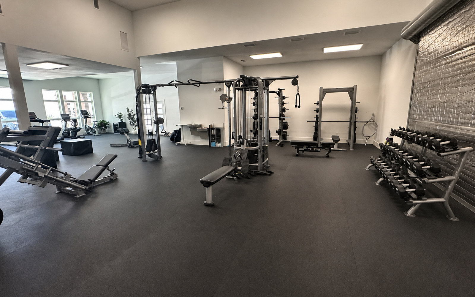 The Solstice training floor with strength equipment and natural window light.